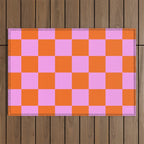 Checkerboard Retro Check Geometric Checked Pattern in Bright Orange and Pink Outdoor Rug Gallery Image 1