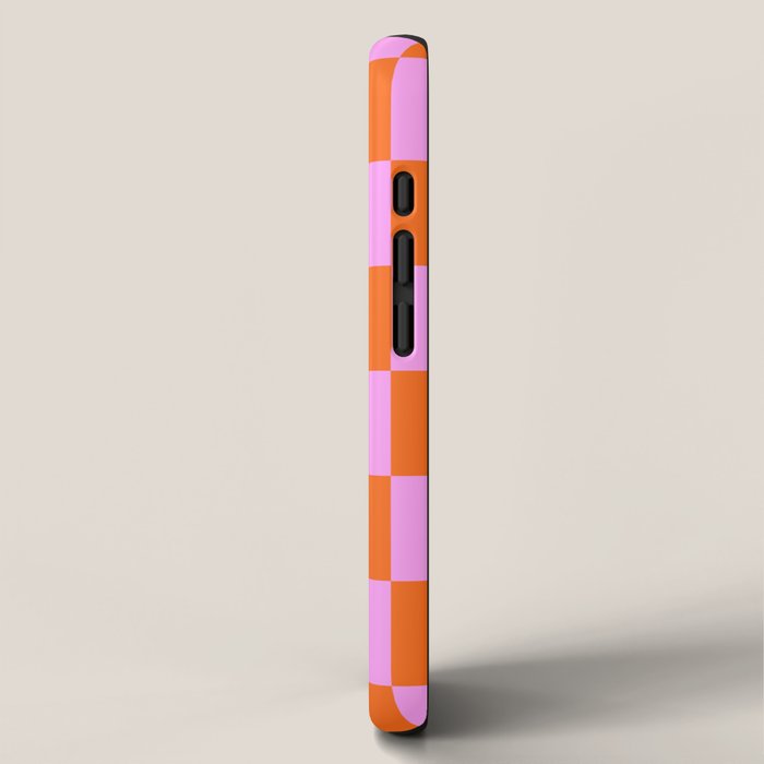 Checkerboard Retro Check Geometric Checked Pattern in Bright Orange and Pink iPhone Case Gallery Image 2