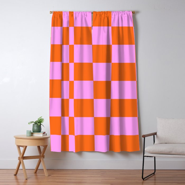 Checkerboard Retro Check Geometric Checked Pattern in Bright Orange and Pink Window Curtain Gallery Image 5