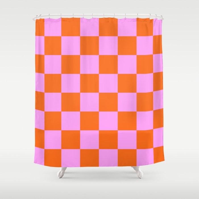 Checkerboard Retro Check Geometric Checked Pattern in Bright Orange and Pink Shower Curtain Gallery Image 1