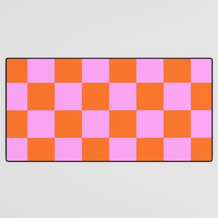 Checkerboard Retro Check Geometric Checked Pattern in Bright Orange and Pink Desk Mat Gallery Image 3