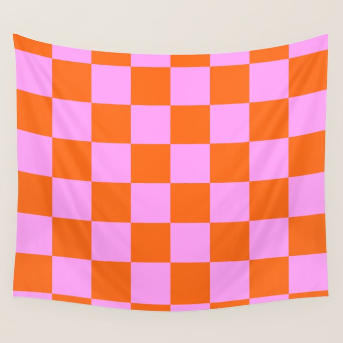 Checkerboard Retro Check Geometric Checked Pattern in Bright Orange and Pink Wall Tapestry Gallery Image 4