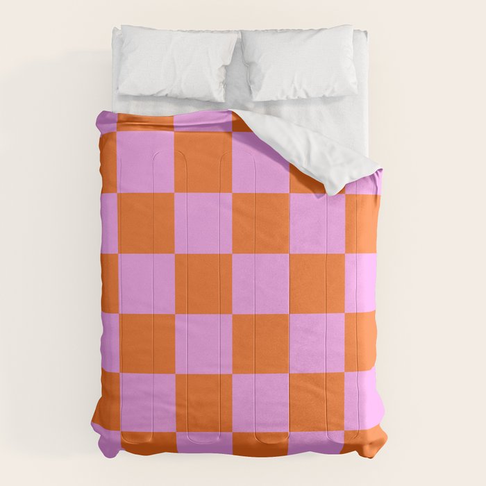 Checkerboard Retro Check Geometric Checked Pattern in Bright Orange and Pink Comforter Gallery Image 1