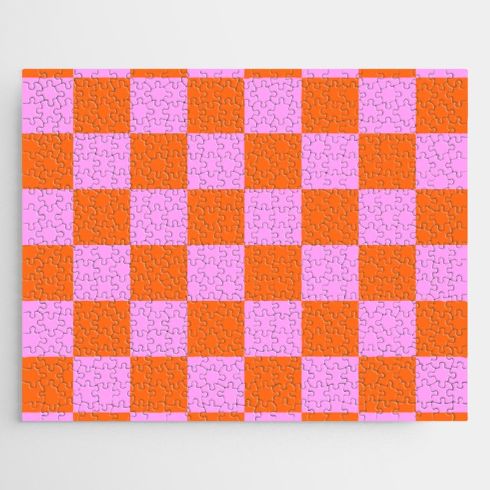 Checkerboard Retro Check Geometric Checked Pattern in Bright Orange and Pink Jigsaw Puzzle Gallery Image 1