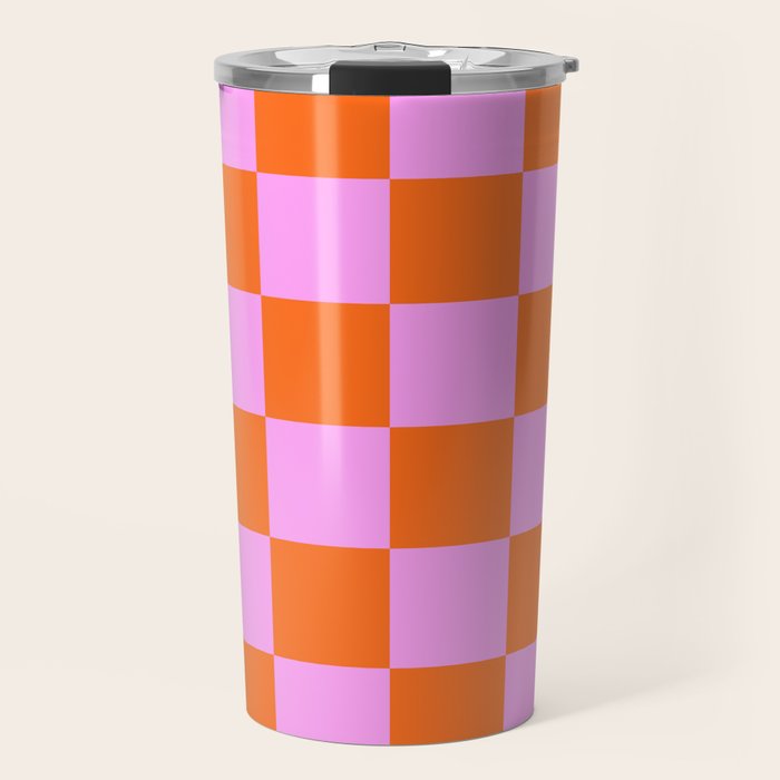 Checkerboard Retro Check Geometric Checked Pattern in Bright Orange and Pink Travel Mug Gallery Image 1