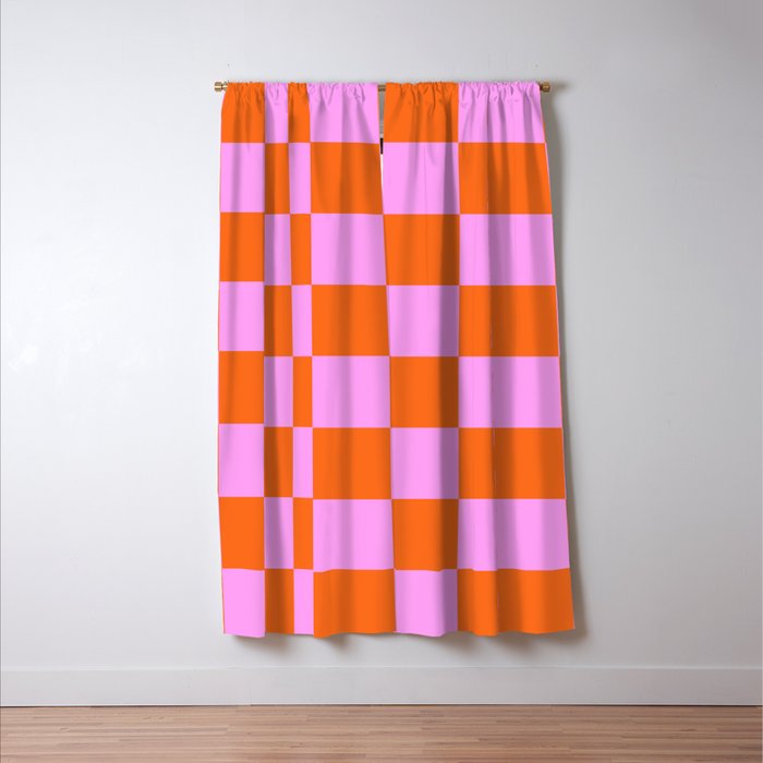Checkerboard Retro Check Geometric Checked Pattern in Bright Orange and Pink Window Curtain Gallery Image 3