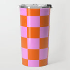 Checkerboard Retro Check Geometric Checked Pattern in Bright Orange and Pink Travel Mug Gallery Image 2