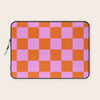 Checkerboard Retro Check Geometric Checked Pattern in Bright Orange and Pink Laptop Sleeve Gallery Image 1