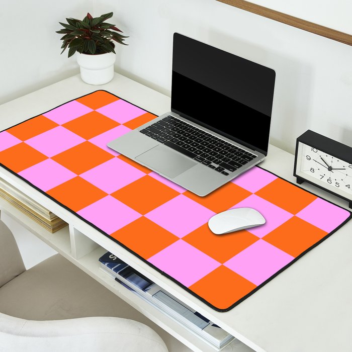Checkerboard Retro Check Geometric Checked Pattern in Bright Orange and Pink Desk Mat Gallery Image 2
