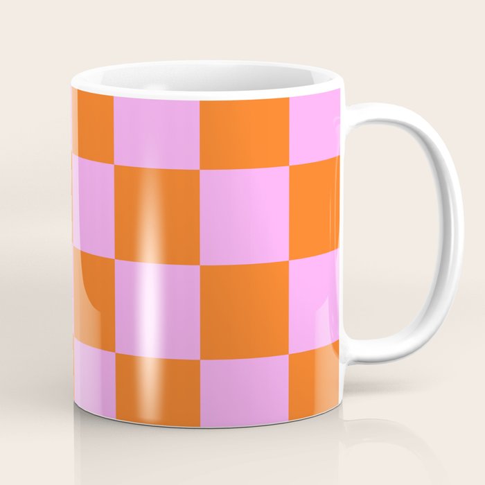 Checkerboard Retro Check Geometric Checked Pattern in Bright Orange and Pink Coffee Mug Gallery Image 1