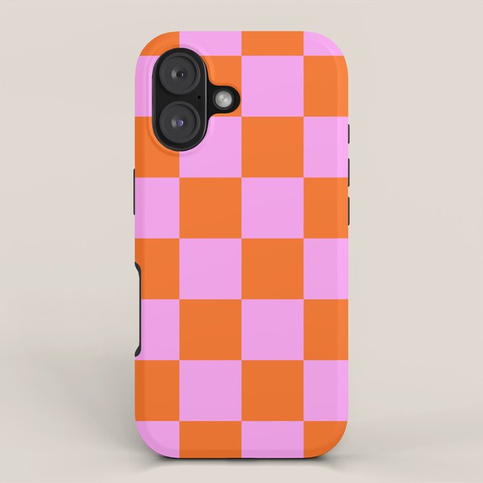 Checkerboard Retro Check Geometric Checked Pattern in Bright Orange and Pink iPhone Case Gallery Image 1