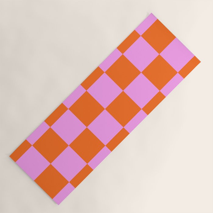 Checkerboard Retro Check Geometric Checked Pattern in Bright Orange and Pink Yoga Mat Gallery Image 1