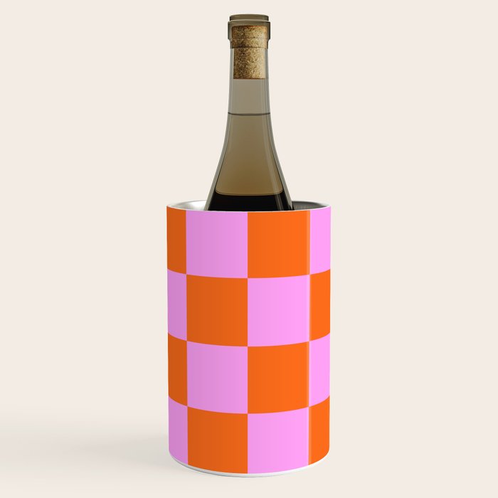 Checkerboard Retro Check Geometric Checked Pattern in Bright Orange and Pink Wine Chiller Gallery Image 1