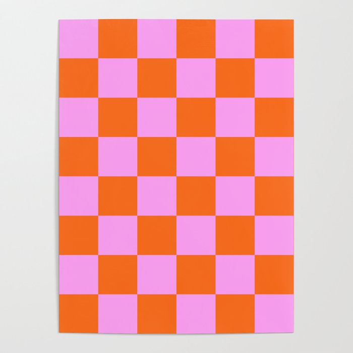 Checkerboard Retro Check Geometric Checked Pattern in Bright Orange and Pink Poster Gallery Image 4