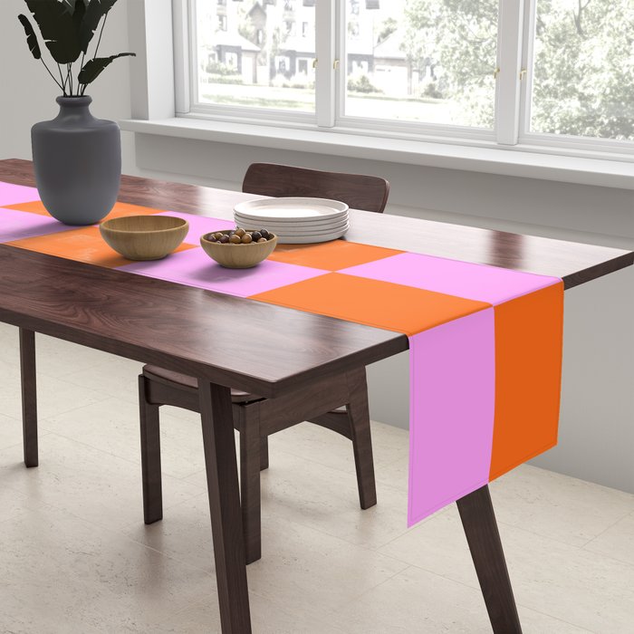 Checkerboard Retro Check Geometric Checked Pattern in Bright Orange and Pink Table Runner Gallery Image 2