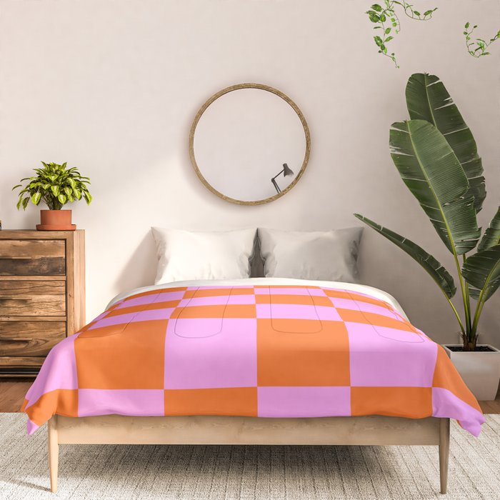 Checkerboard Retro Check Geometric Checked Pattern in Bright Orange and Pink Comforter Gallery Image 3