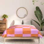 Checkerboard Retro Check Geometric Checked Pattern in Bright Orange and Pink Comforter Gallery Image 3