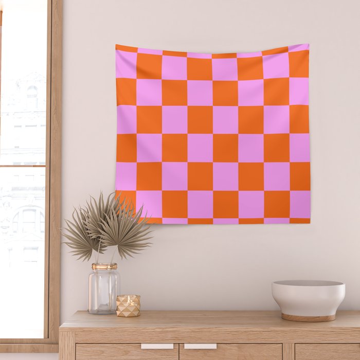 Checkerboard Retro Check Geometric Checked Pattern in Bright Orange and Pink Wall Tapestry Gallery Image 2