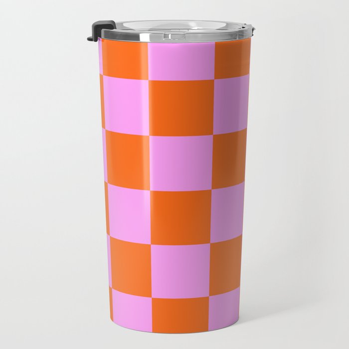 Checkerboard Retro Check Geometric Checked Pattern in Bright Orange and Pink Travel Mug Gallery Image 3