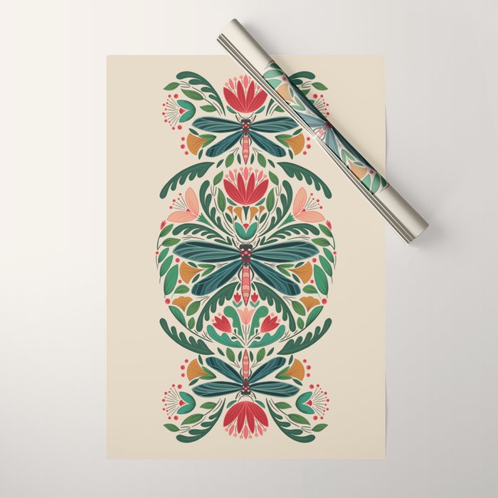 Dragonfly Folk Design Wrapping Paper Gallery Image 1