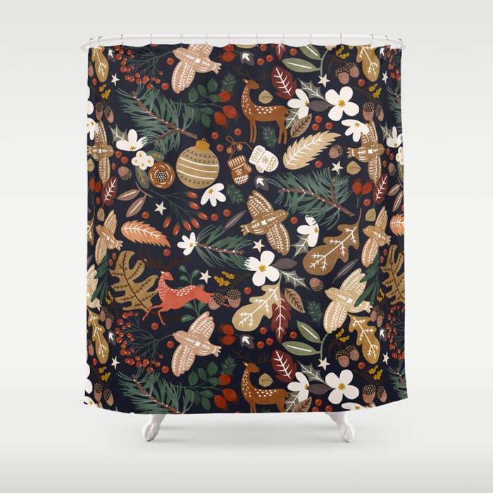 Christmas night forest ornaments Shower Curtain Gallery Image 1