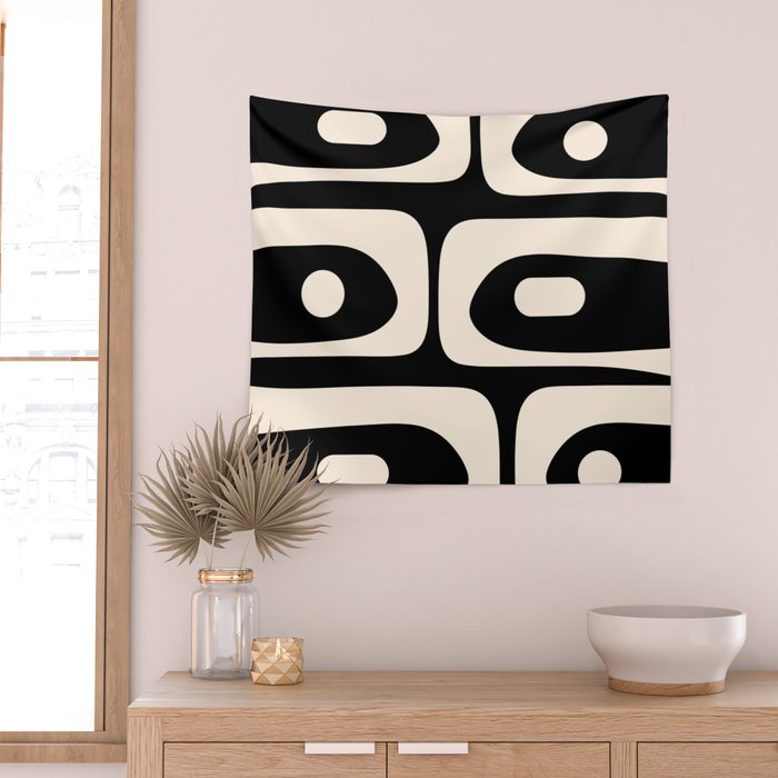 Mid Century Modern Piquet Abstract Pattern in Black and Almond Cream Wall Tapestry Gallery Image 2