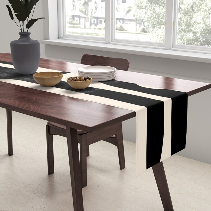 Mid Century Modern Piquet Abstract Pattern in Black and Almond Cream Table Runner Gallery Image 2
