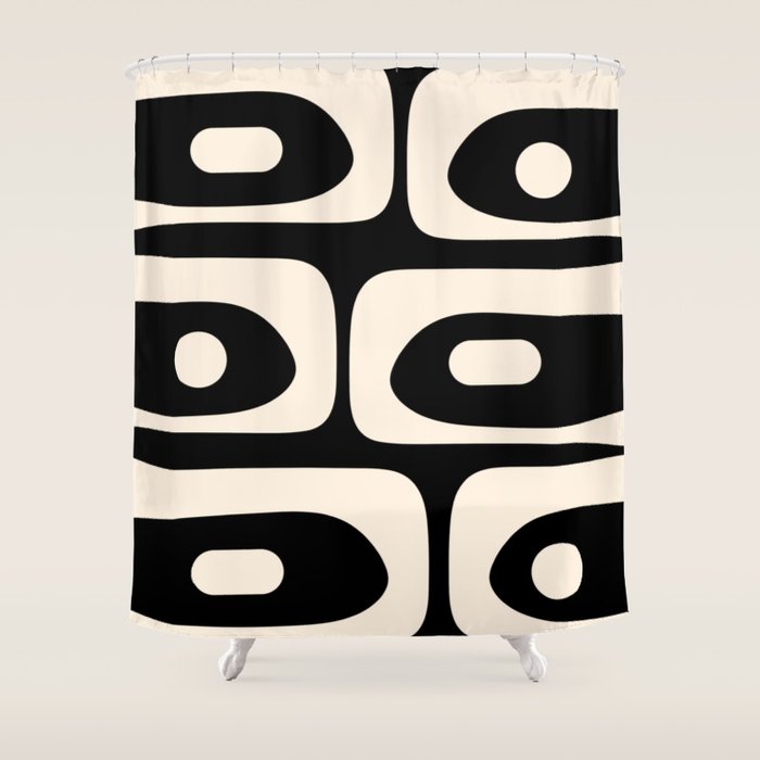 Mid Century Modern Piquet Abstract Pattern in Black and Almond Cream Shower Curtain Gallery Image 1