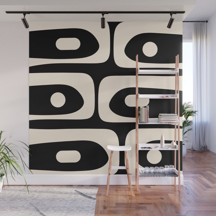 Mid Century Modern Piquet Abstract Pattern in Black and Almond Cream Wall Mural Gallery Image 1