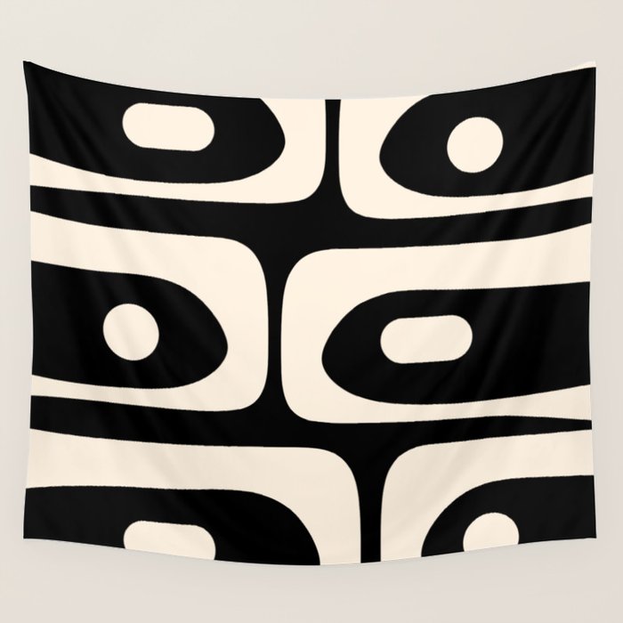 Mid Century Modern Piquet Abstract Pattern in Black and Almond Cream Wall Tapestry Gallery Image 1