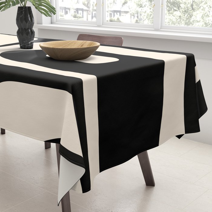 Mid Century Modern Piquet Abstract Pattern in Black and Almond Cream Tablecloth Gallery Image 3