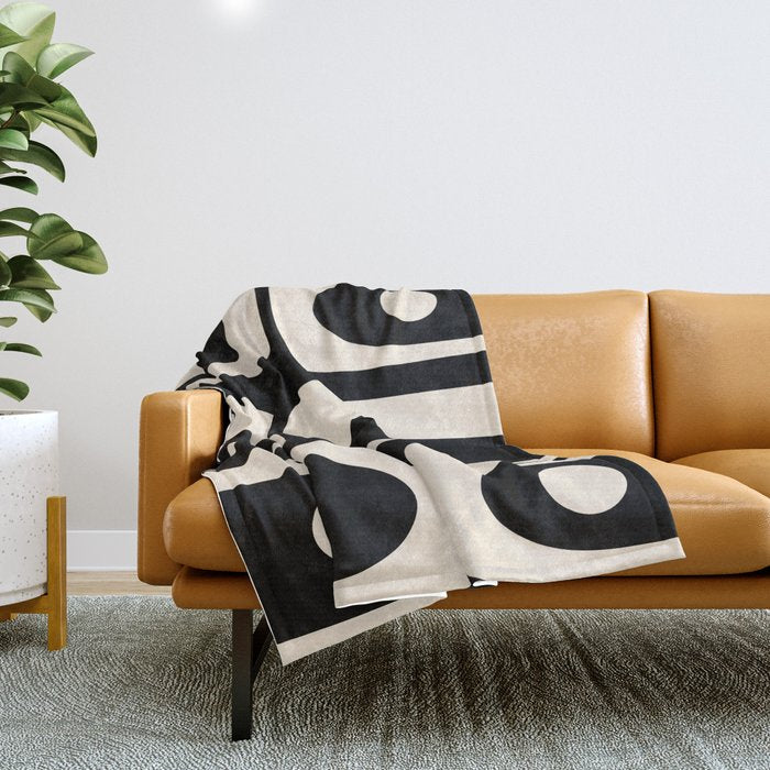 Mid Century Modern Piquet Abstract Pattern in Black and Almond Cream Throw Blanket Gallery Image 1