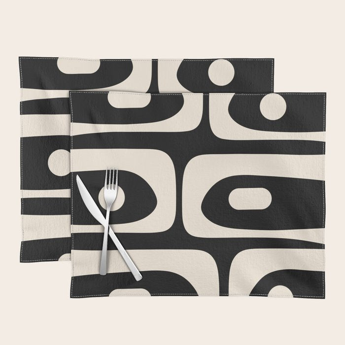 Mid Century Modern Piquet Abstract Pattern in Black and Almond Cream Placemat Gallery Image 1