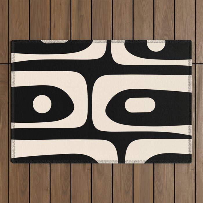 Mid Century Modern Piquet Abstract Pattern in Black and Almond Cream Outdoor Rug Gallery Image 1