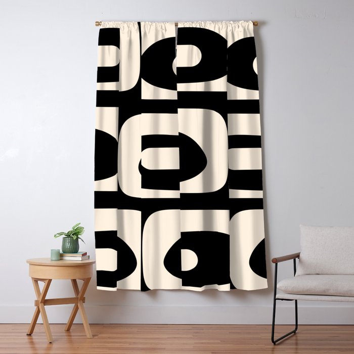 Mid Century Modern Piquet Abstract Pattern in Black and Almond Cream Window Curtain Gallery Image 1