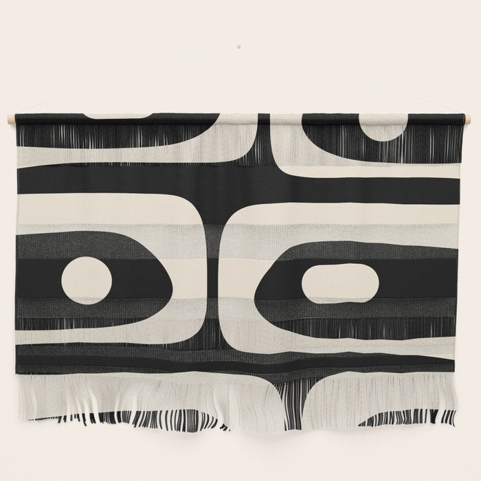 Mid Century Modern Piquet Abstract Pattern in Black and Almond Cream Wall Hanging Gallery Image 1