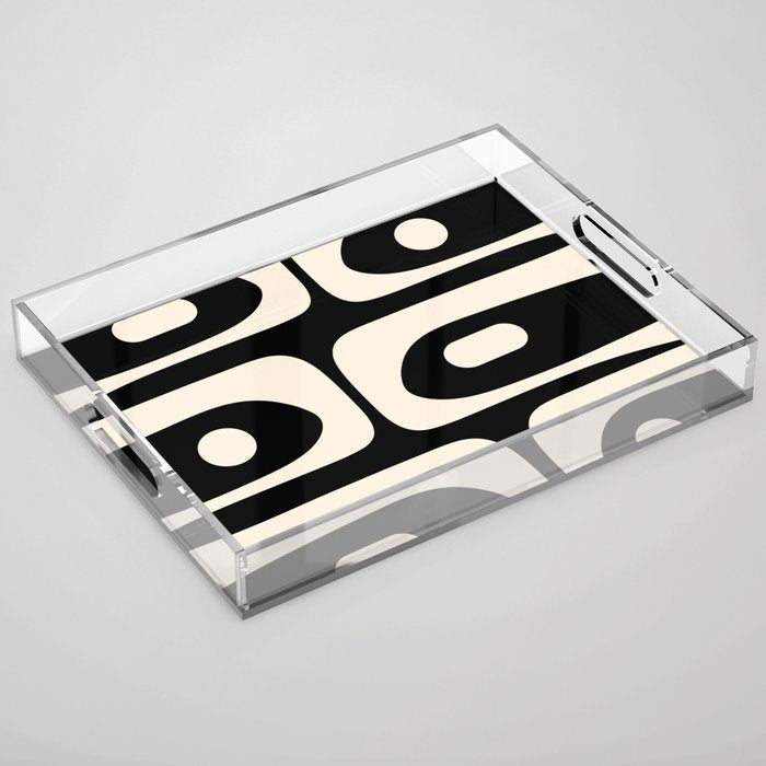 Mid Century Modern Piquet Abstract Pattern in Black and Almond Cream Acrylic Tray Gallery Image 1