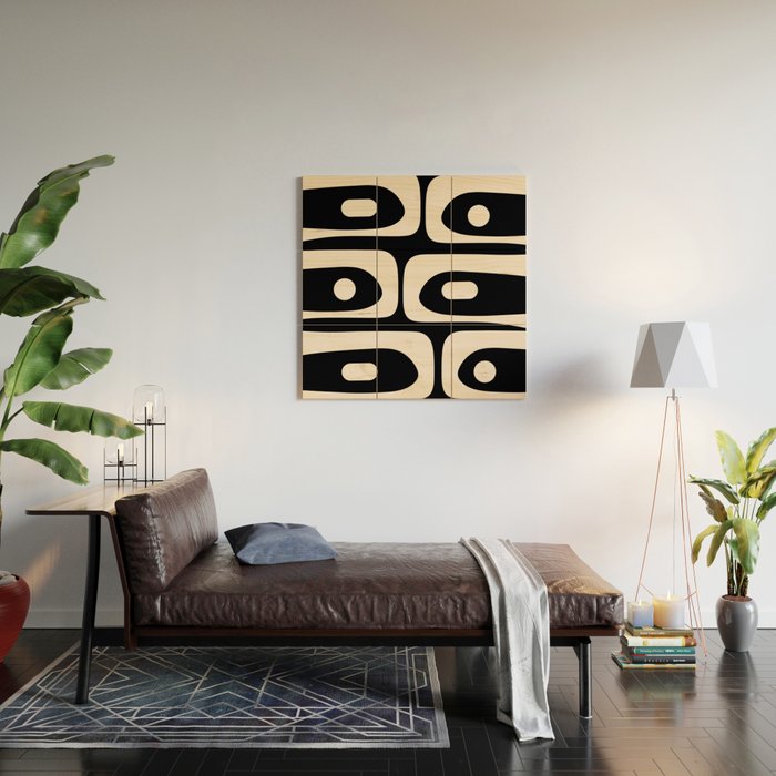 Mid Century Modern Piquet Abstract Pattern in Black and Almond Cream Wood Wall Art Gallery Image 2