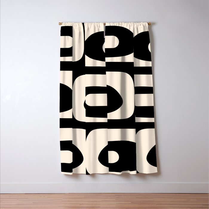 Mid Century Modern Piquet Abstract Pattern in Black and Almond Cream Window Curtain Gallery Image 3