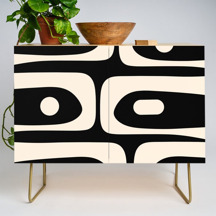 Mid Century Modern Piquet Abstract Pattern in Black and Almond Cream Credenza Gallery Image 1