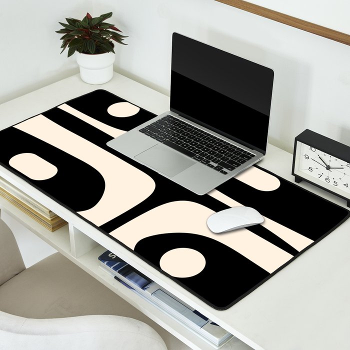 Mid Century Modern Piquet Abstract Pattern in Black and Almond Cream Desk Mat Gallery Image 2