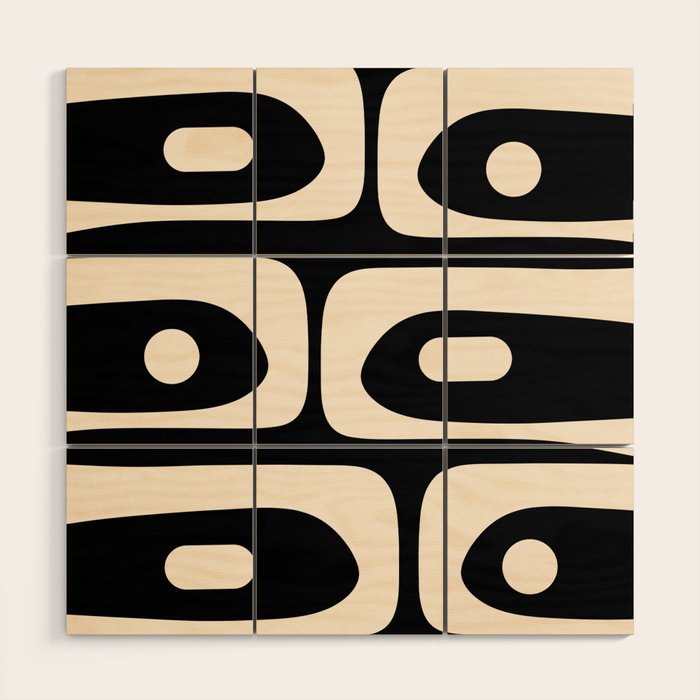 Mid Century Modern Piquet Abstract Pattern in Black and Almond Cream Wood Wall Art Gallery Image 1