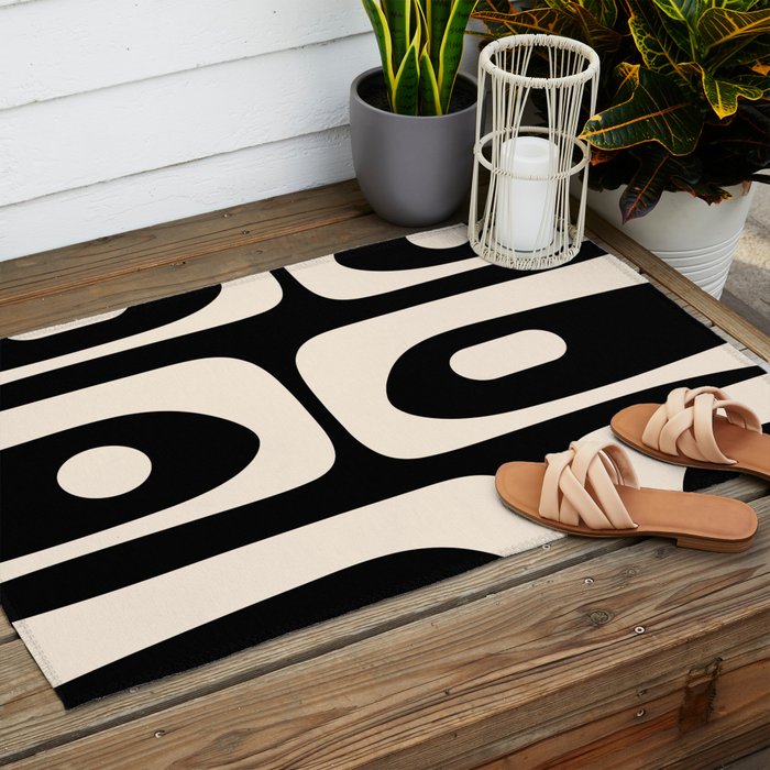 Mid Century Modern Piquet Abstract Pattern in Black and Almond Cream Outdoor Rug Gallery Image 2