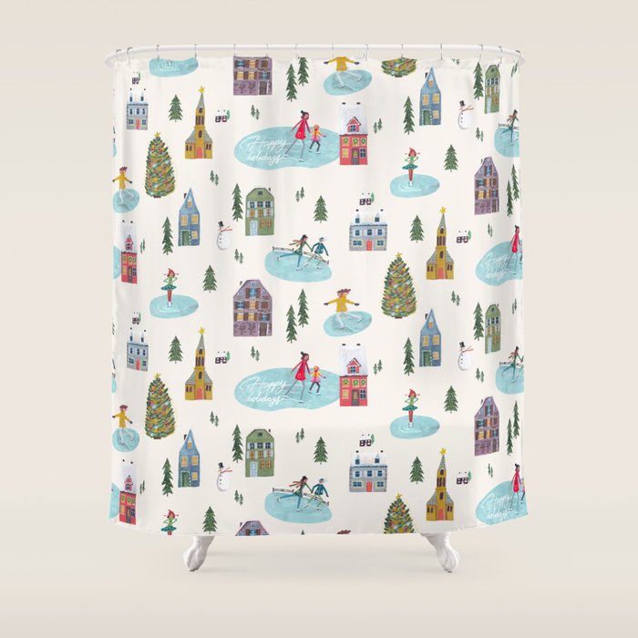 Skating retro winter snow landscape Shower Curtain