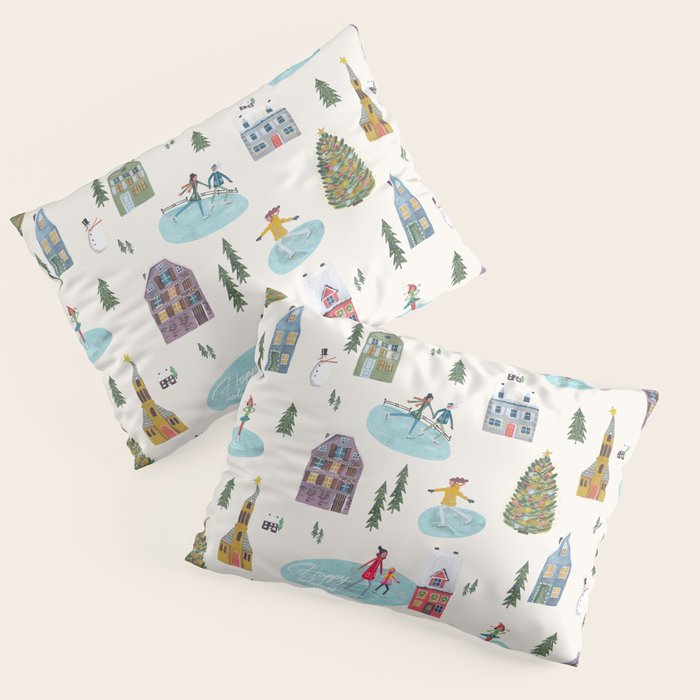 Skating retro winter snow landscape Pillow Sham Gallery Image 1