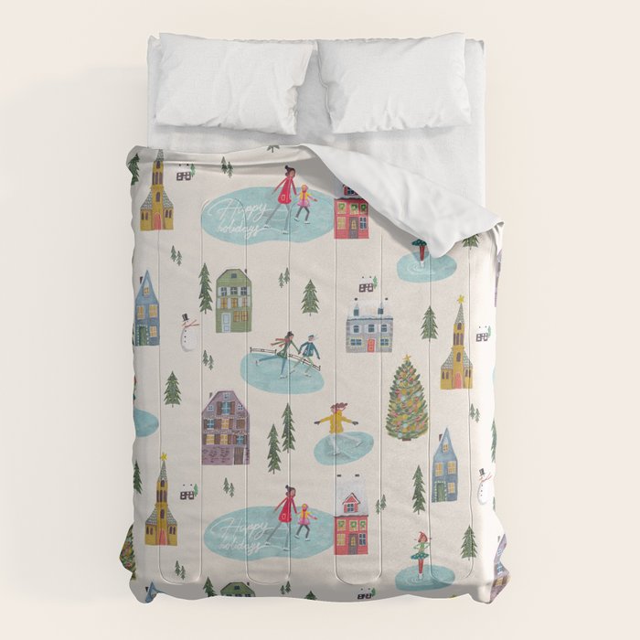 Skating retro winter snow landscape Comforter Gallery Image 6