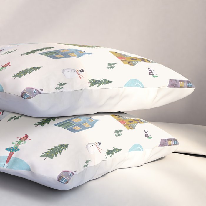 Skating retro winter snow landscape Pillow Sham Gallery Image 3