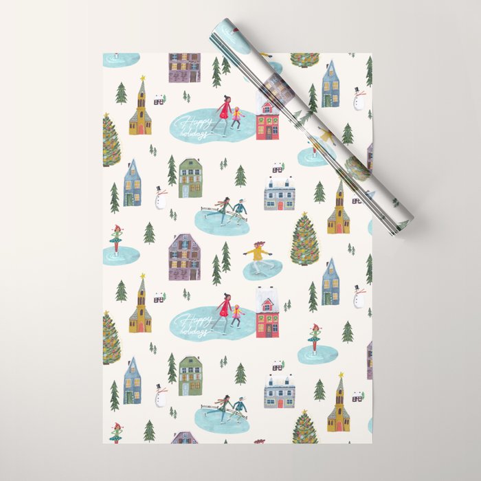 Skating retro winter snow landscape Wrapping Paper Gallery Image 1