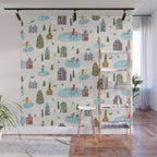 Skating retro winter snow landscape Wall Mural Gallery Image 1