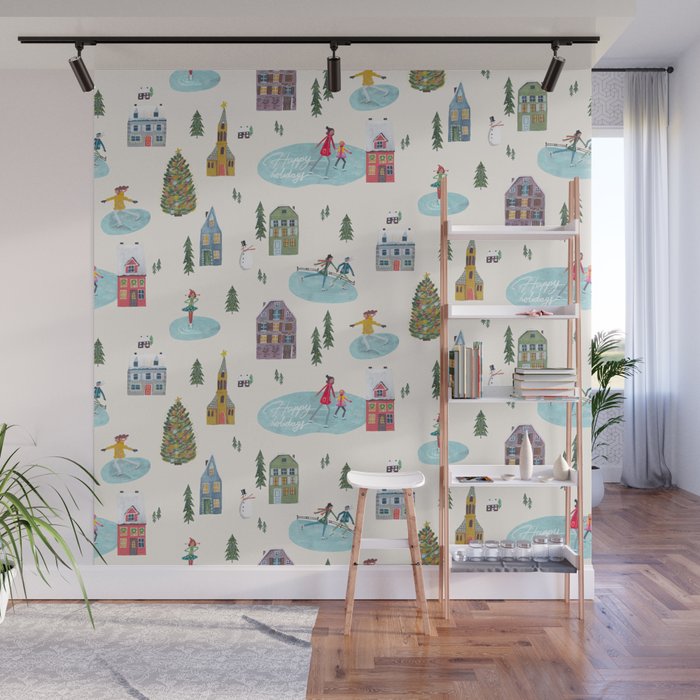 Skating retro winter snow landscape Wall Mural Gallery Image 1